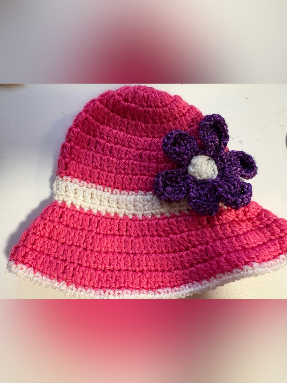 Kids Pink Crochet Sun Hat with Purple Flower Accent